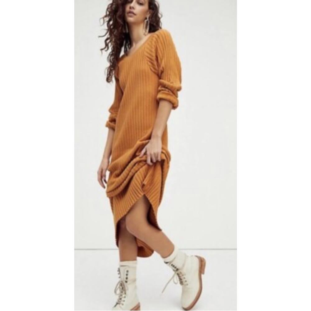 NWT Free People Beach Walk About Ribbed Maxi Dress Women's Small Stretchy Gold